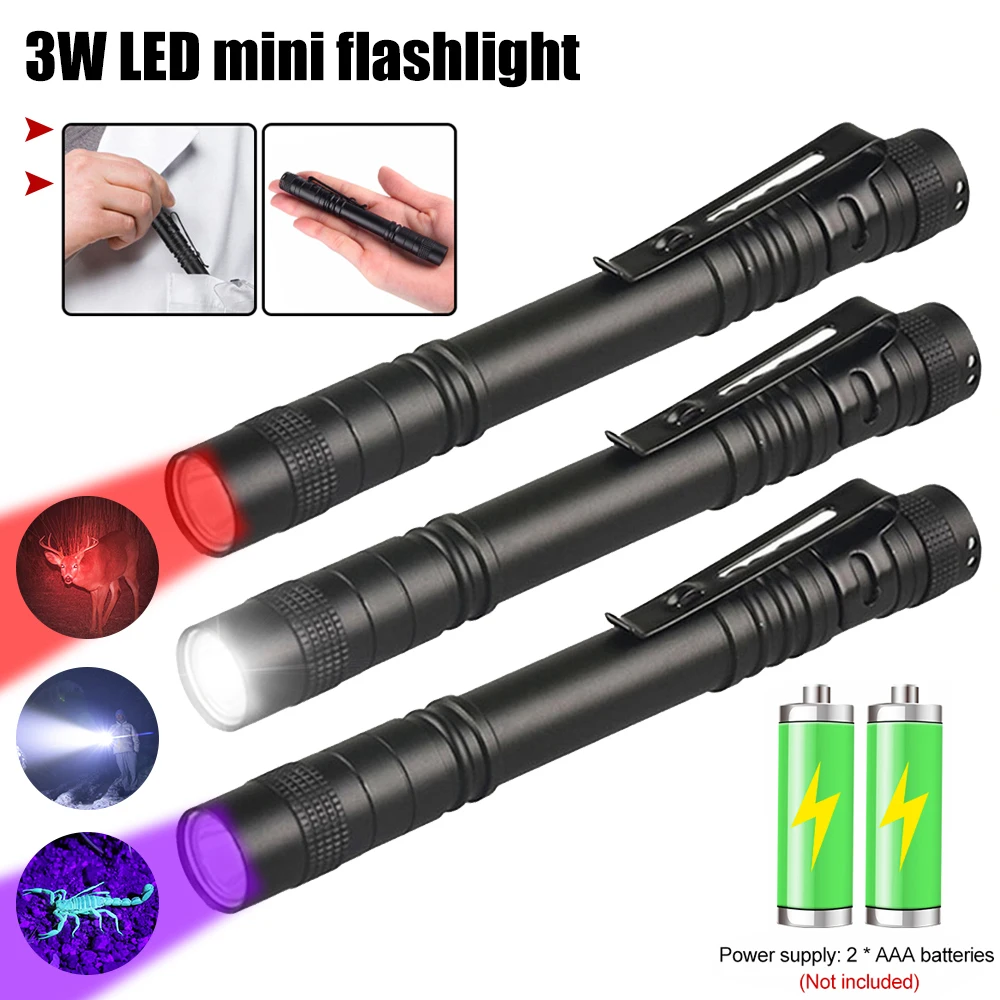 Mini Portable LED Pen Light White/395nm/Red Pocket Ultra Bright High Lumens Handheld Flashlight Linterna Torch Camping Outdoor