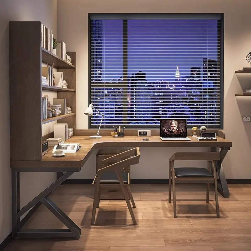 All solid wood corner desk bookshelf integrated combination L-shaped computer desk