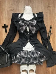 Y2k Gothic Sweet 3 Piece Set Autumn Casual Long Sleeve Cardigan + Slim Lace Bow Vest + Plaid Mini Cake Skirt Women Outfits New