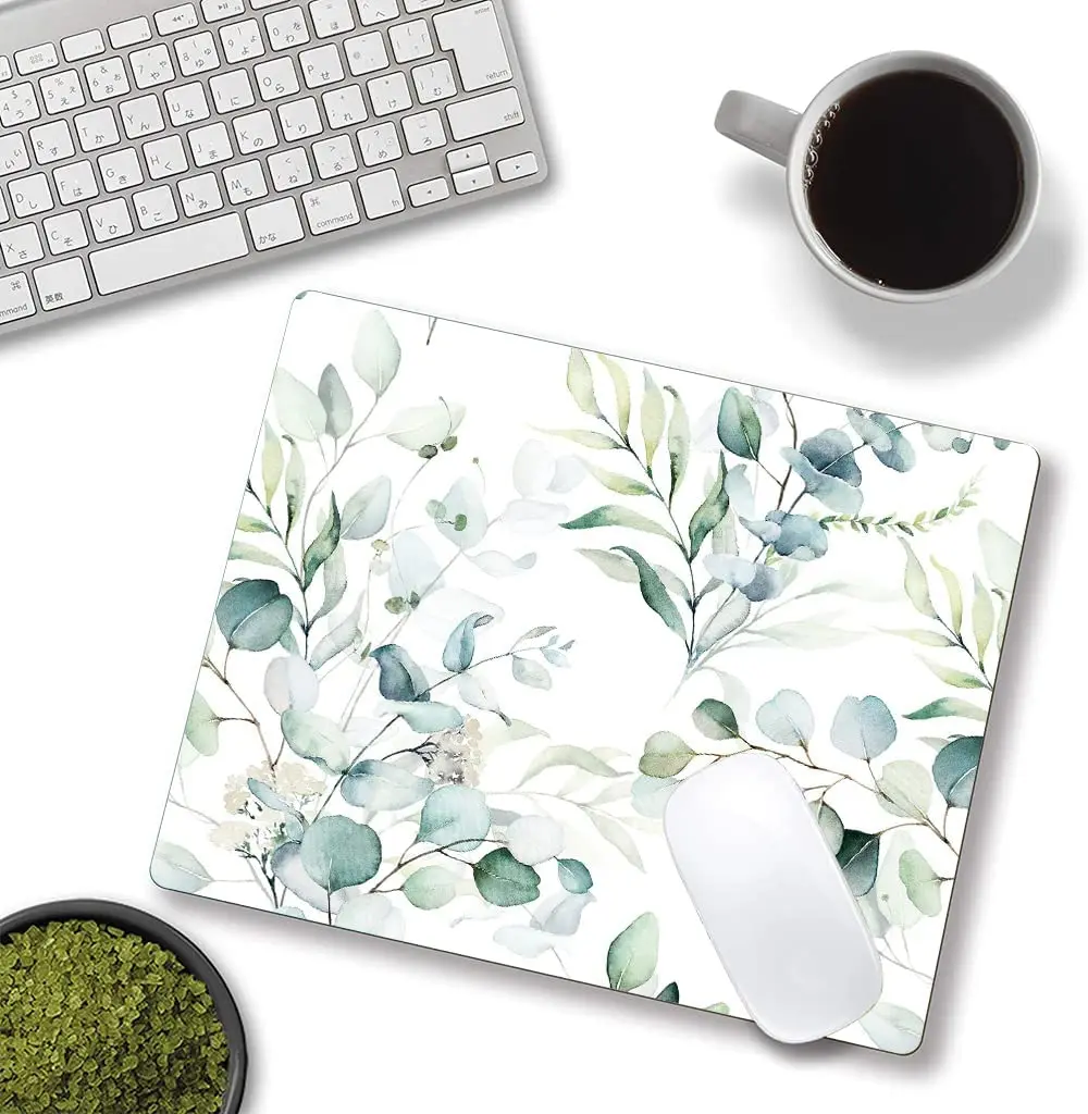 Personalized Computer Mouse Pads with Green Leaves Design Washable Mouse Mat with Lycra Cloth Office Home Non-Slip Rubber Base
