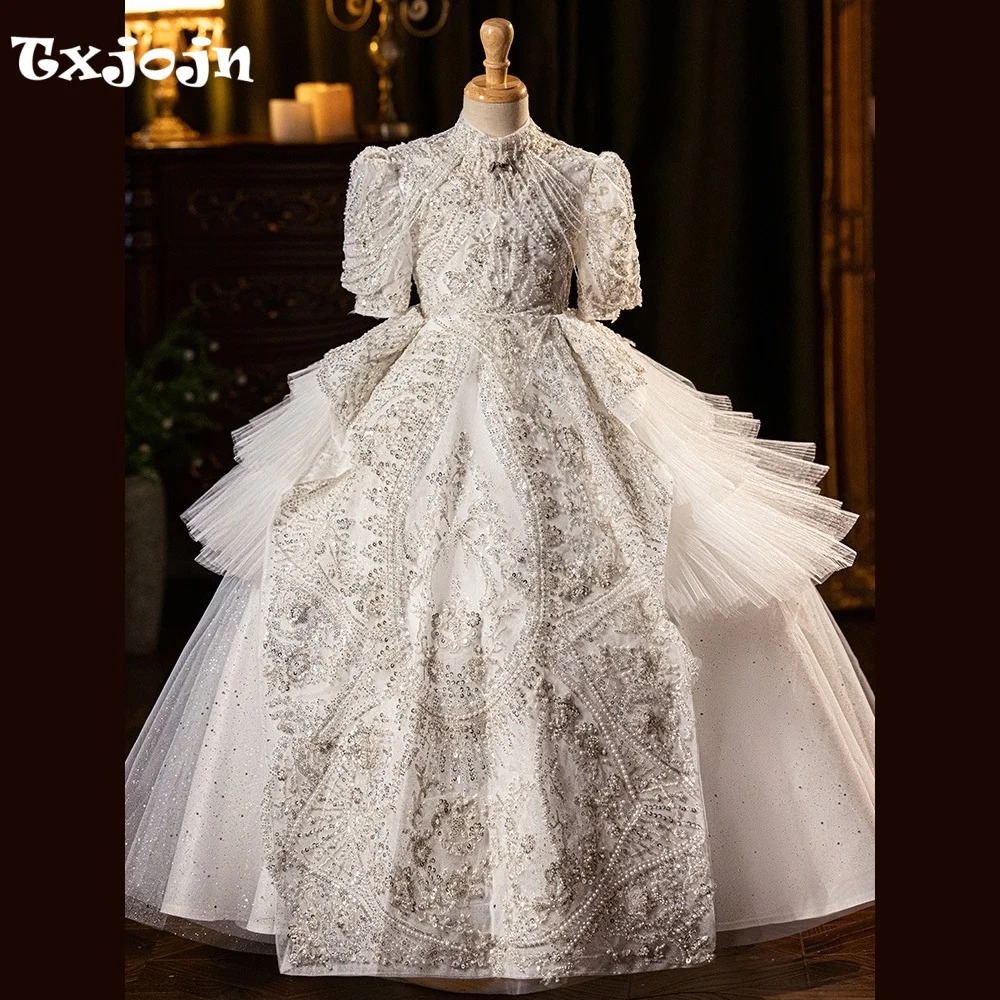 High-end Girl's Ball Gown Puff Sleeve Wedding Flower Girl New Princess Dress Toddler Teens Child Vestido Birthday Clothes 5-16Y