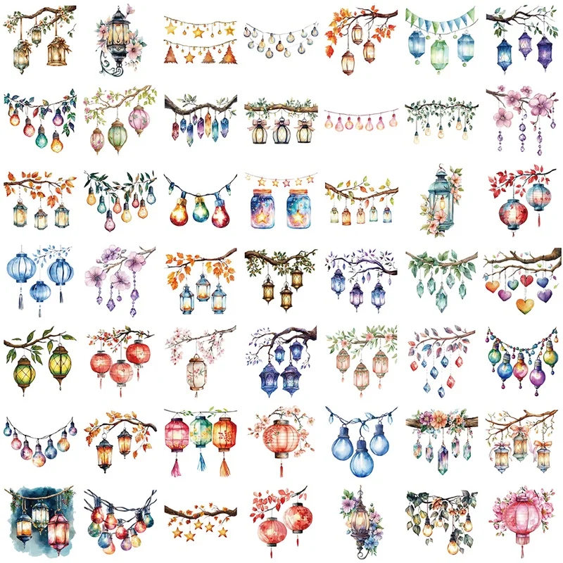 50PCS Cute Colored Lamp PVC Sticky Sticker Aesthetic DIY Decoration Scrapbooking Hand Accounting Supplies for Kids