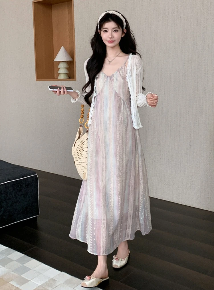 

Maternity Suit Summer Vacation Gentle Colorful Paghetti Strap Dress and Thin Cardigan for Pregnant Women 2026