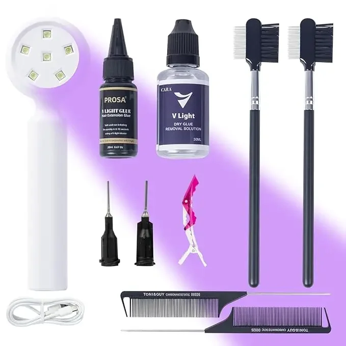 V-light Glue with UV Light Hairs Extensions Comb Glue Remover Hair Salon V Light Hair Extension System Tool Kit