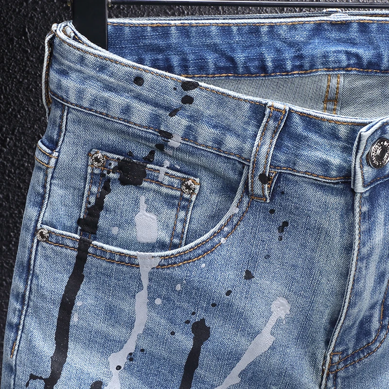 Street Fashion Men Jeans Retro Blue Stretch Slim Fit Ripped Jeans Men Painted Designer Y2K Hip Hop Vintage Denim Pants Hombre