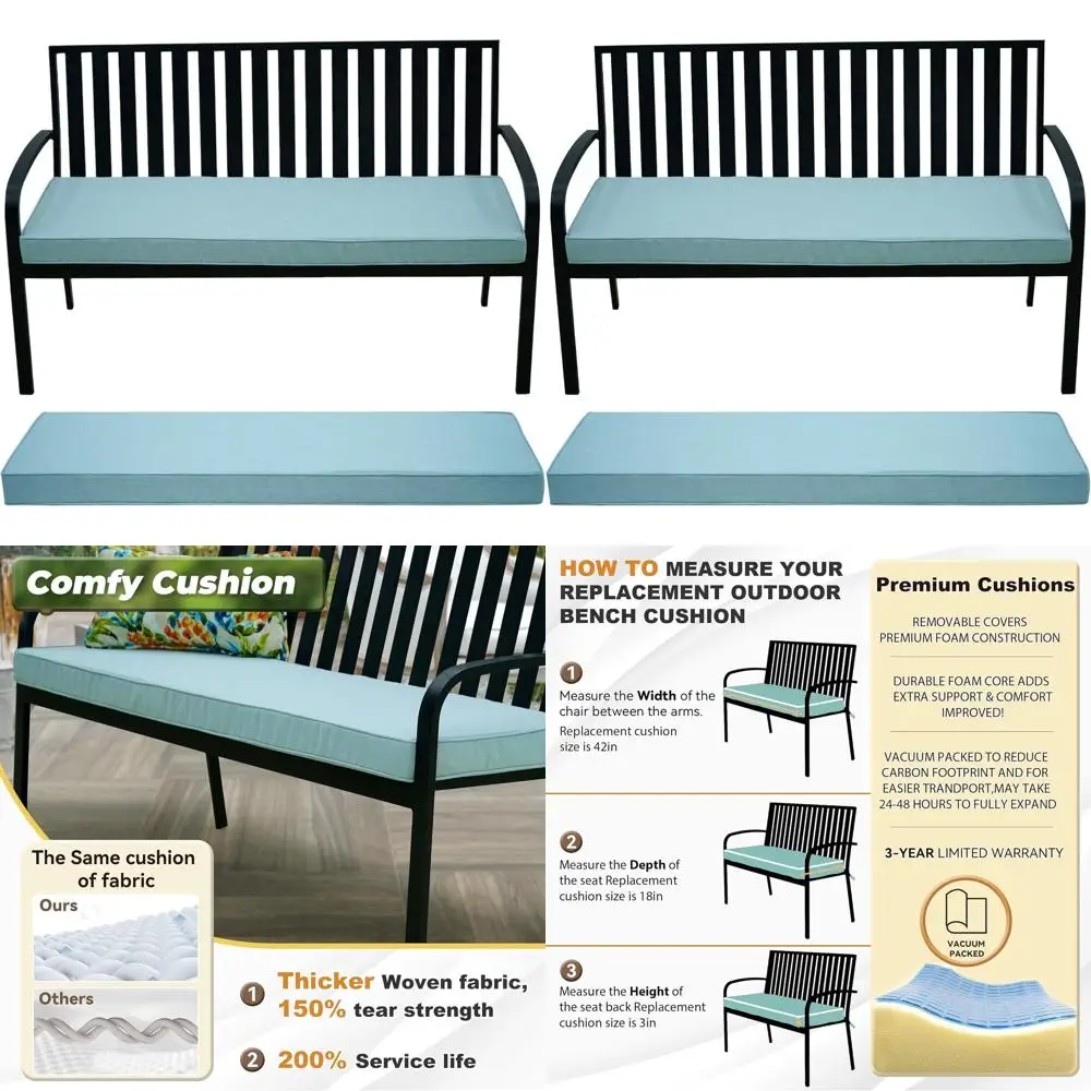 

Weatherproof Olefin Fabric Cushion for Outdoor Benches, Removable Cover, Fade Resistant, 3 Sizes: 42x18, 48x18, 59x18