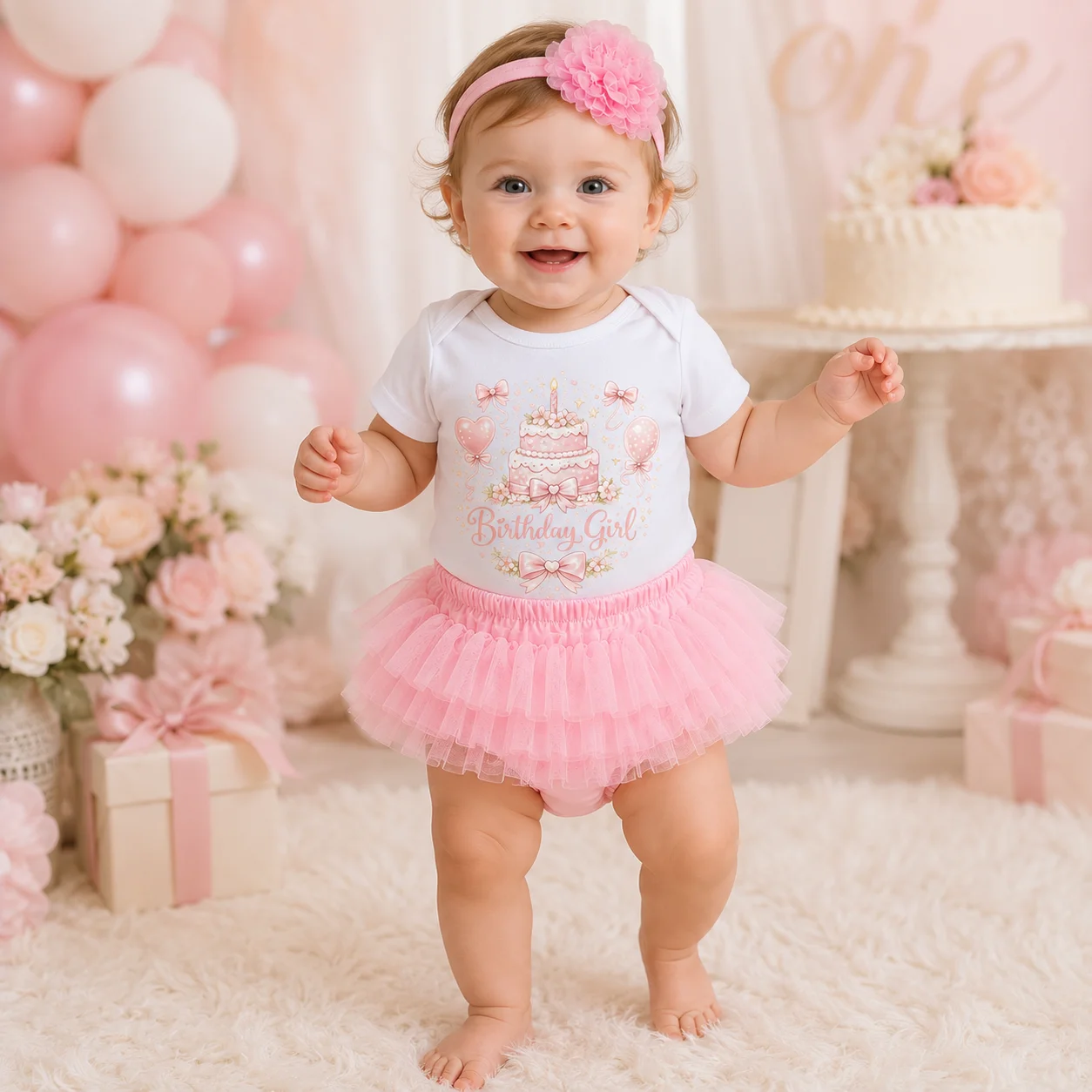 Baby Girl 1st Birthday Outfit Set Birthday Girl Print Bodysuit Pink Tulle Skirt Flower Headband Toddler Cake Smash Party Costume