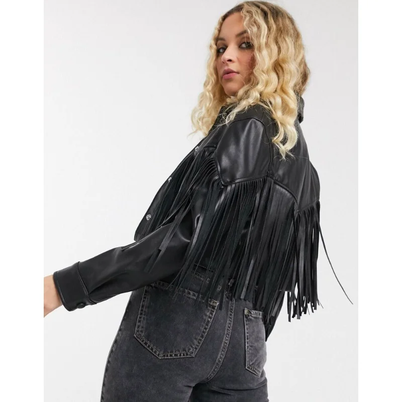 Women Vintage Fringe Genuine Lambskin Leather Black Motorcycle Biker Jacket