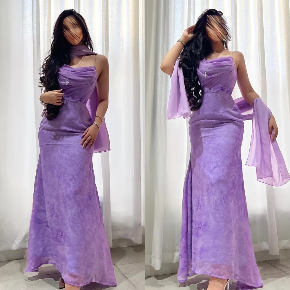 

Elegant Exquisite Spaghetti strap A-line Cocktail Dresses Stole Shirred Skirts Anke length Chiffon Evening vestido