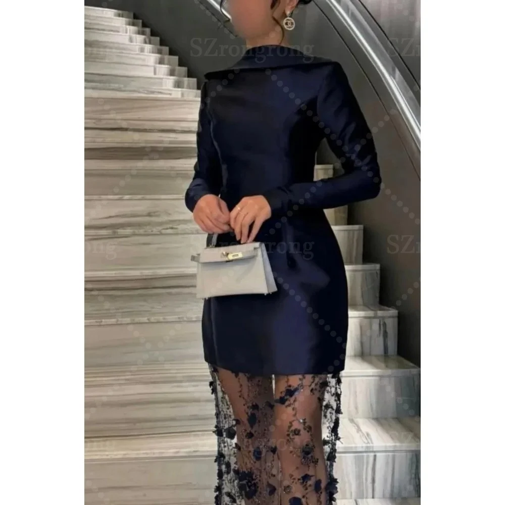 Op maat gemaakte zwarte O-hals lange mouw satijn hoge kwaliteit avondjurk 3D bloemen kant Dubai Arabische jurk maxi lengte voor dames