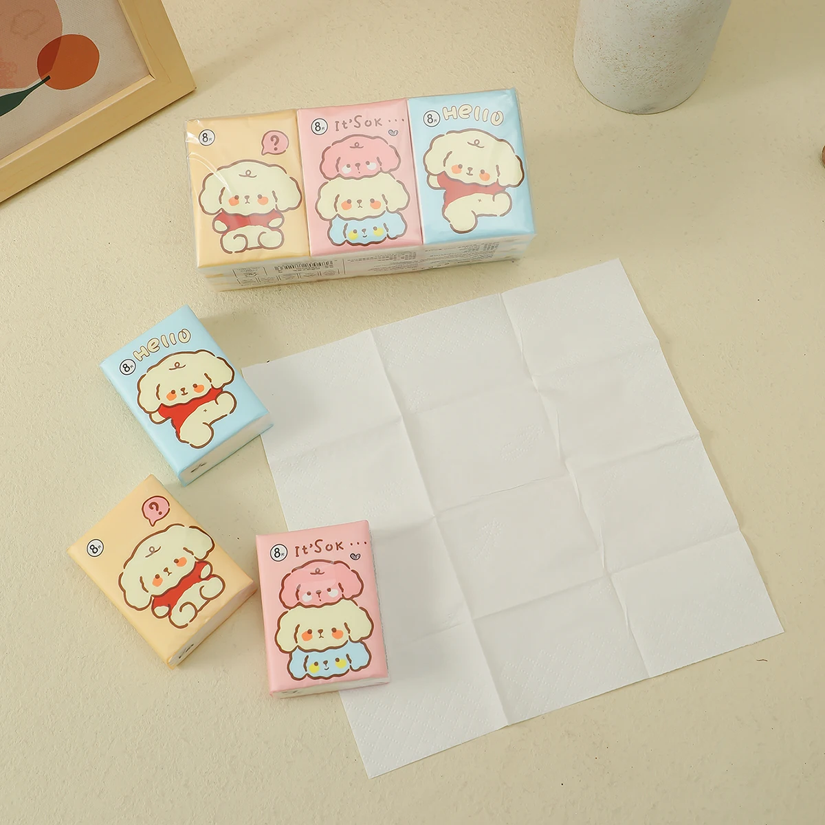 9 / Pack three puppy handkerchief paper student tote bag Cartoon printed toilet paper for daily cleaning
