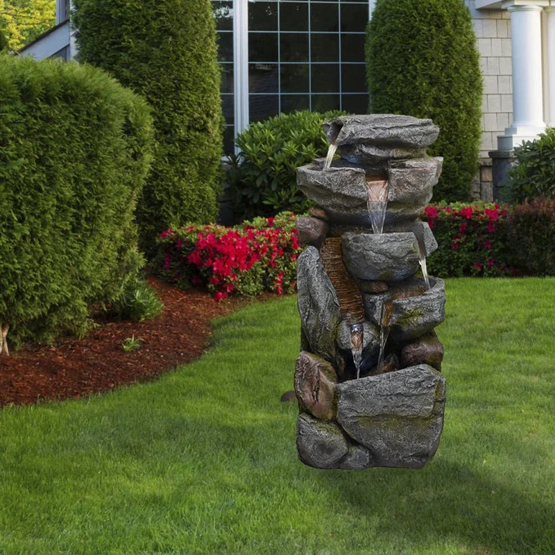 

Nordic 31.5 Inches Water Fountain 4-Tiers Outdoor Cascading Floor Rock Waterfall For Home Garden Decor