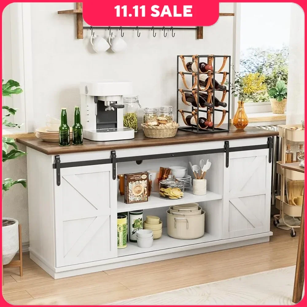 Farmhouse Sideboard Buffet Cabinet, Coffee Bar Storage with Sliding Barn Doors, Shelf for Home Dining Room, 27.5 Height, White