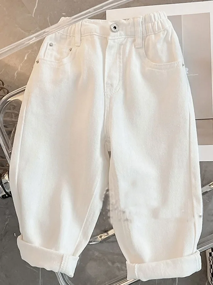 Unisex Kids White Jeans 2026 New Korean Children's Trousers Spring Autumn Versatile Fashion Denim Pants for Boys Girls 1-10 Yrs