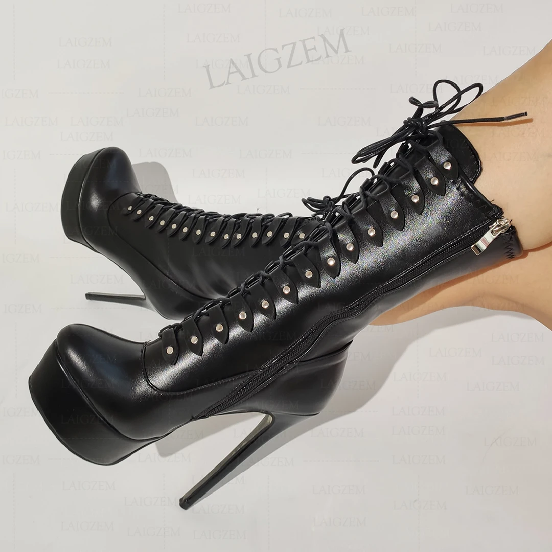 LAIGZEM Women Calf High Boots Platform Wide Calf Friendly Thin High Heels Side Zip Up Faux Leather Shoes Woman Big Size 41 45 52