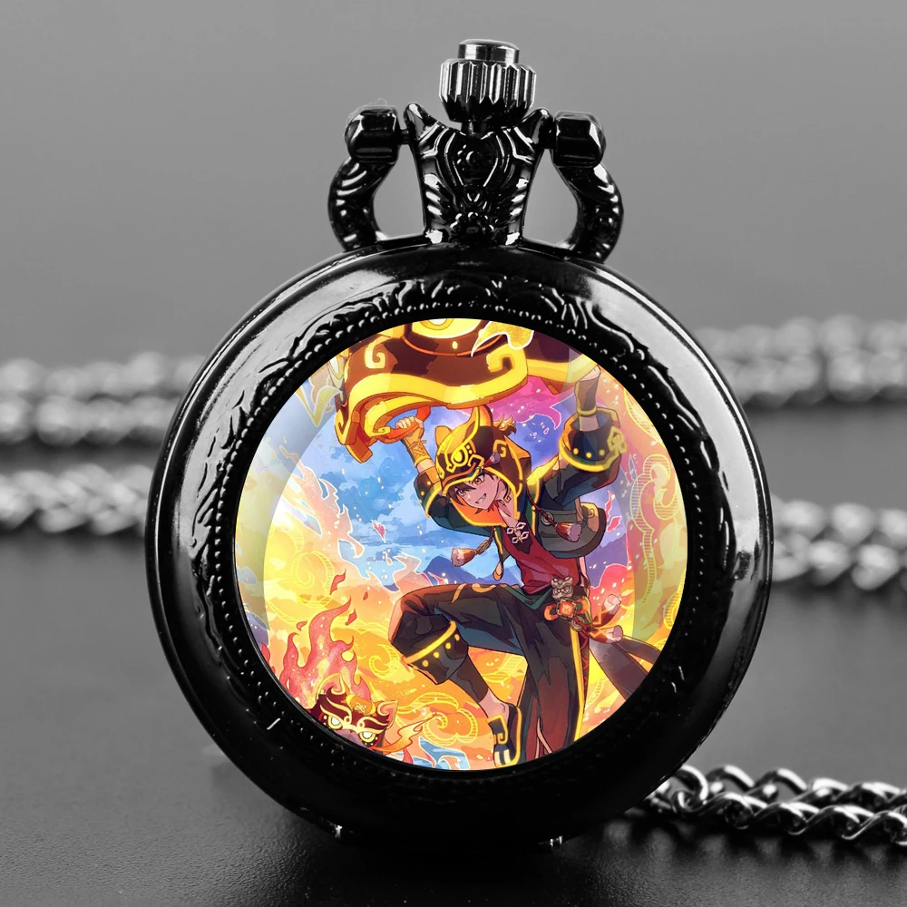 Virtual Game Protagonist Glass Dome Quartz Pocket Timepiece Wear-Proof Chain Arabic Numeral Dial Optimal Halloween Presents