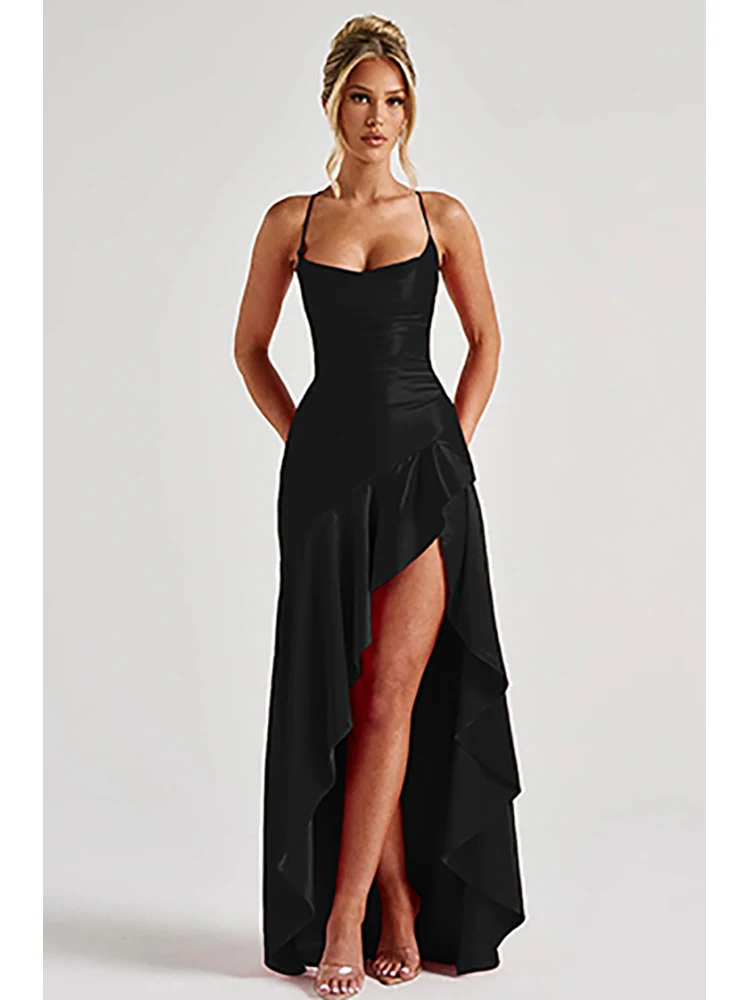 

Женское черное атласное платье макси на тонких бретельках 2025, асимметричное платье с рюшами и боковым разрезом, высококачественное атласное роскошное вечернее платье