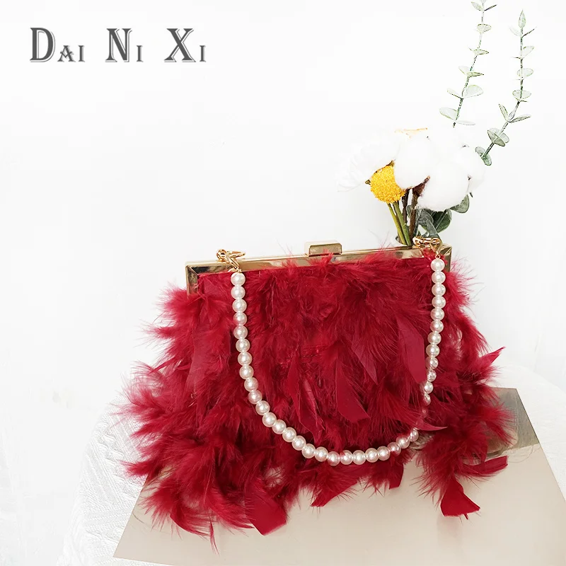 Fashion Tote Fur Bag Ostrich Feather Clutch Pearl Handbag Wedding Party Formal Dress Purse For Ladies