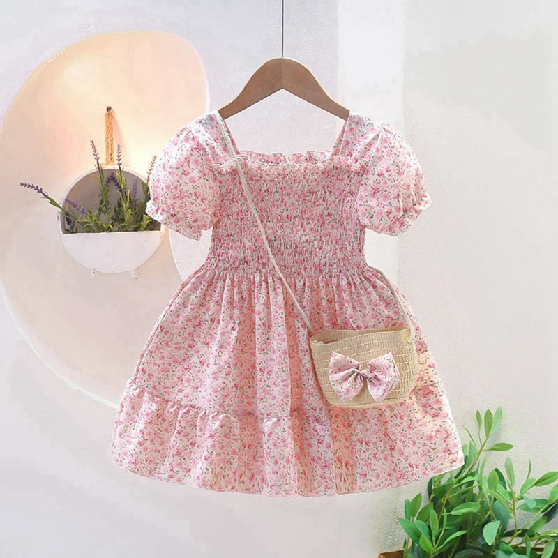 Summer Girl Dress Sweet Floral Square Neck Puff Sleeve Princess Dress Children High Quality Birthday Party Travel Dress Tutu