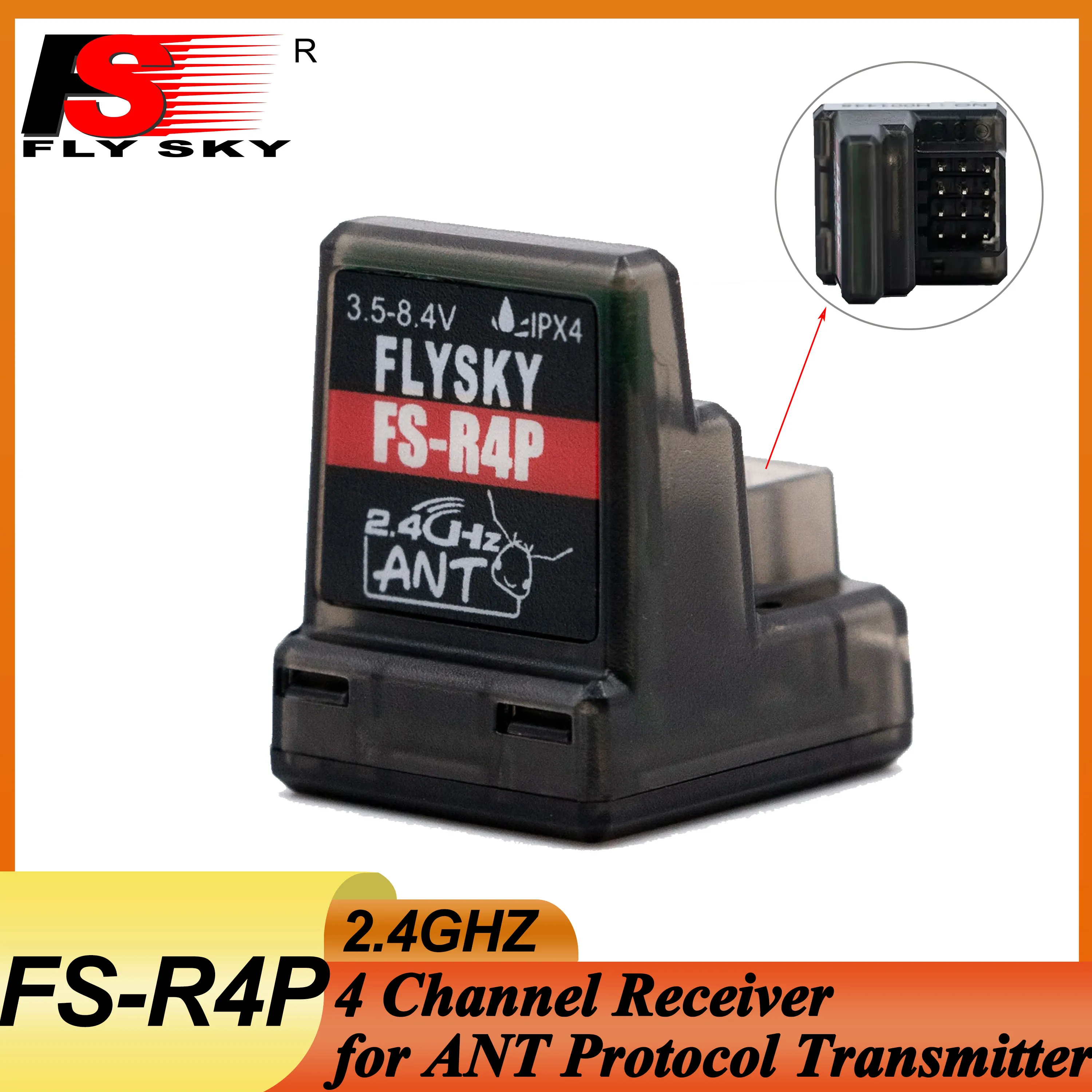 

FLYSKY FS-R4P 4CH 4 Channel 2.4G Receiver 3.5-8.4V Built-in Single Antenna for RC Car ANT Protocol Transmitter FS-G7P FS-ST8