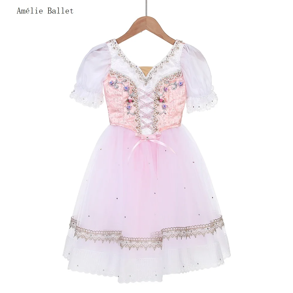 

B25018 Short Sleeves Pink Professional Ballet Tutus Long Romantic Ballet Tutu for La Fille mal gardée Variation