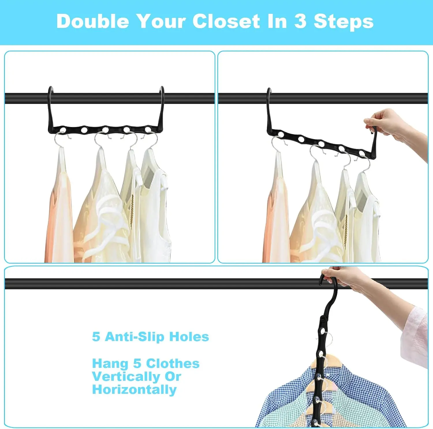 Sturdy Cascading Hangers with 5 Holes for Heavy Clothes, Closet Organizers and Storage, College Dorm Room Essentials 10 Pack