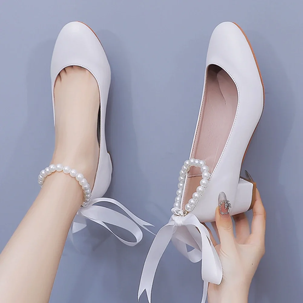 Crystal Queen Sexy Bride Party 3CM Pointed Toe Pumps Round Head Shallow Thick High Heels Women White Ribbon Pearl Shoes 03BDL2