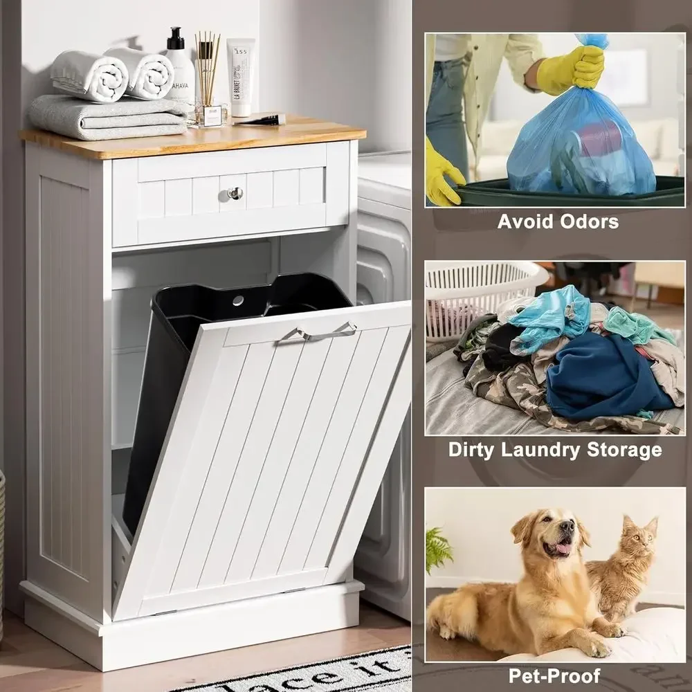 Hidden Kitchen Trash & Recycling Cabinet with Pet Proof Lid, White