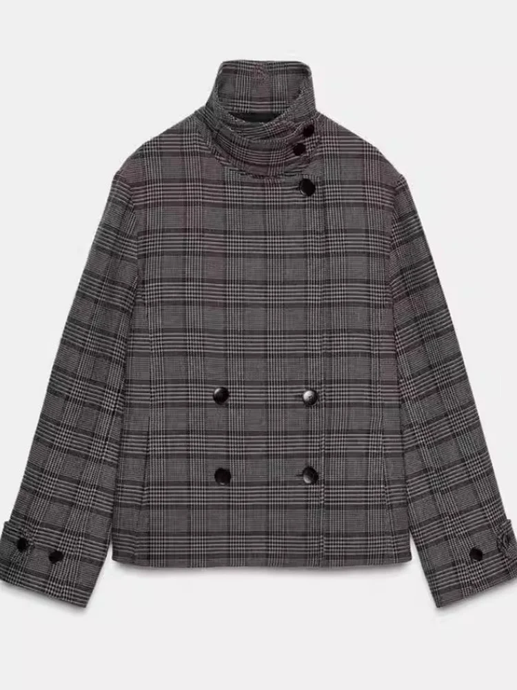 2022 Winter Nieuwe Sle Dames Lange Sve Opstaande Kraag Plaid Double Breasted Jaet Pendelen Faion Loose Fit Polyestervezel