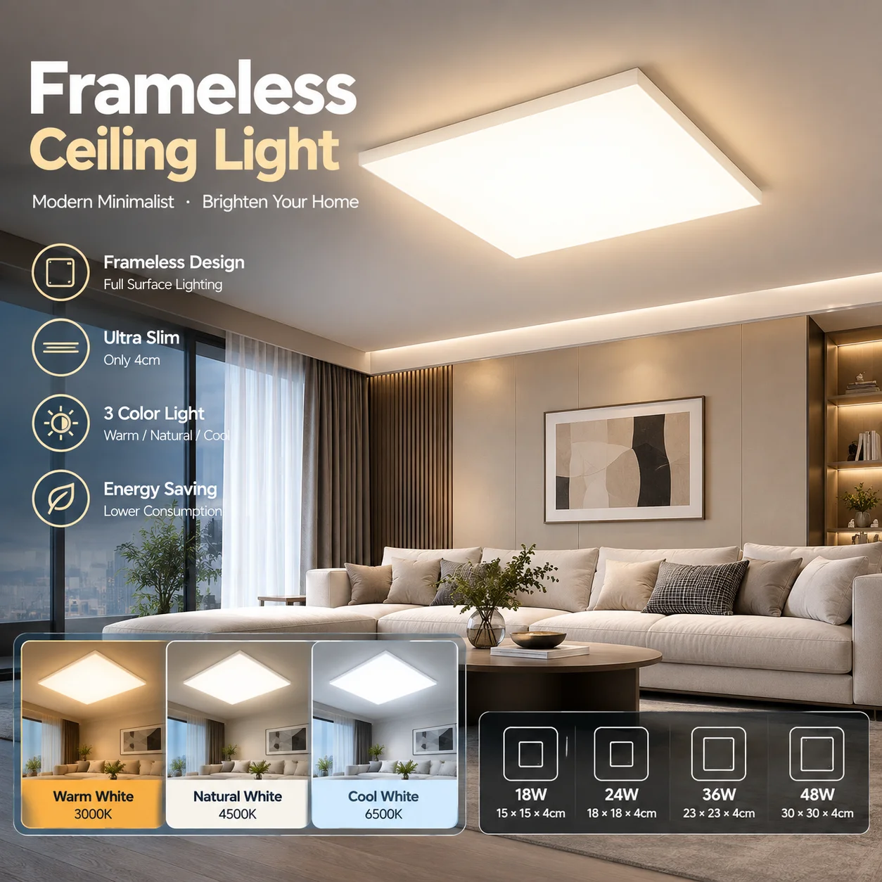 Frameless Square LED Ceiling Light Ultra Slim 4cm Surface Mounted Panel Lamp 3 Color Change 24W 36W 48W for Living Room Bedroom