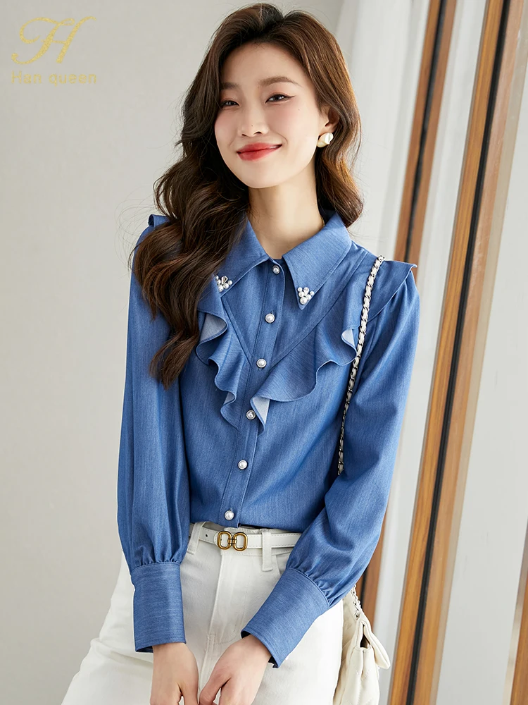 H Han Queen New Ruffles Beading Office Lady Blusa Vintage Tops Elegant Chiffon Blouses Women\'s Puff Sleeve Casual Shirts
