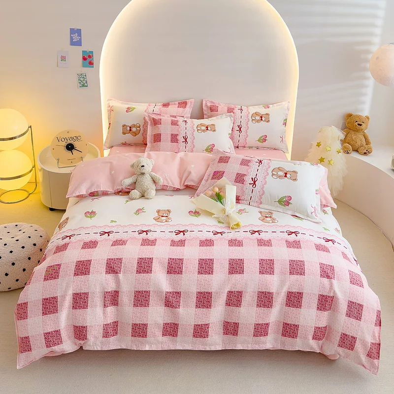ensemble-de-literie-4-pieces-housse-de-couette-a-carreaux-rose-avec-ours-mignon-drap-doux-taie-d'oreiller-textile-de-maison-pour-chambre-de-fille