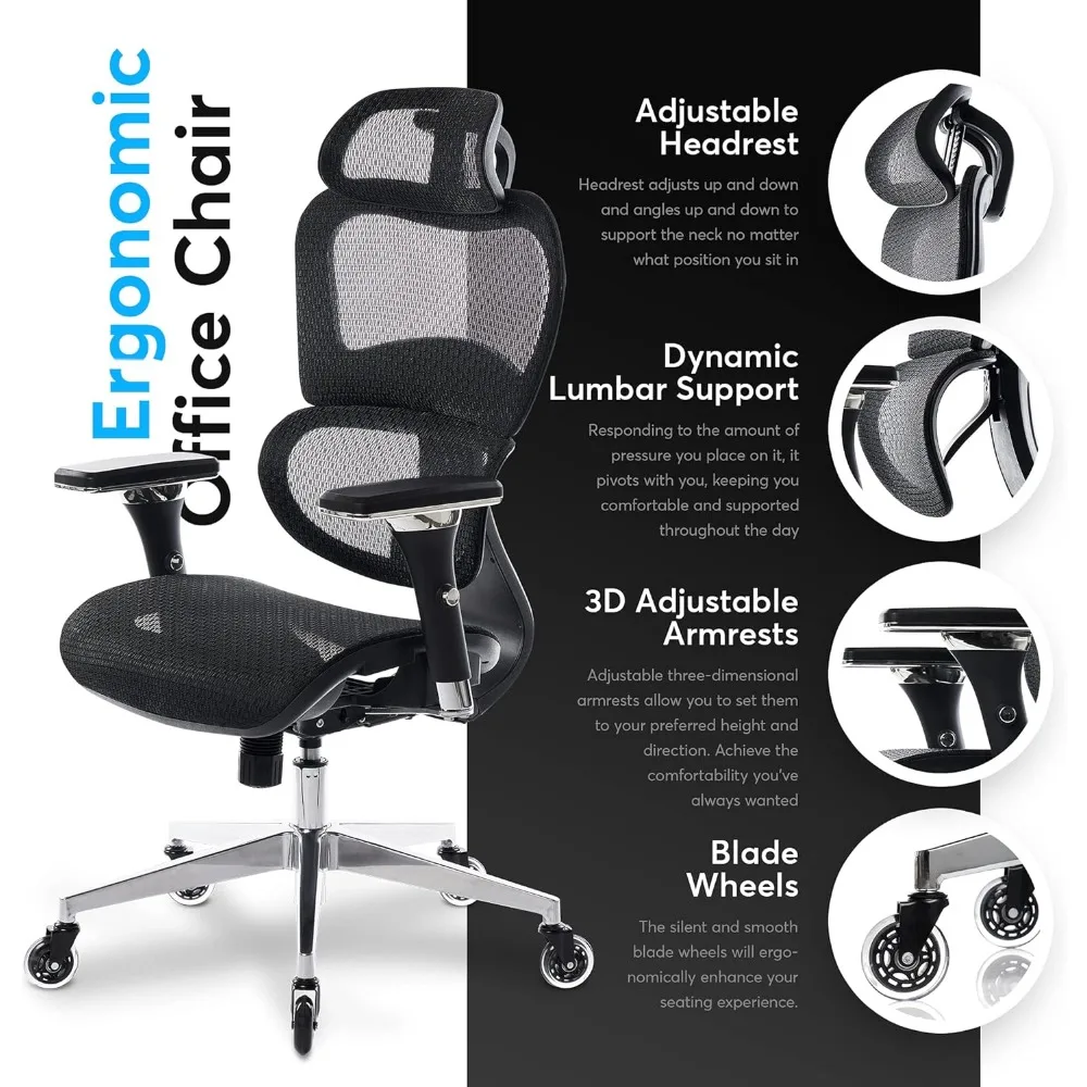 Ergonômico Escritório Rolling Desk Chair, Braço Ajustável 4D, Suporte Lombar 3D, Rodas de Lâmina, Cadeiras Da Sala, Gamer