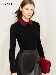 AMII-suéter minimalista con contraste de Color para mujer, Jersey de punto ajustado con cuello vuelto, Tops cálidos, Otoño, 2024, 12323149