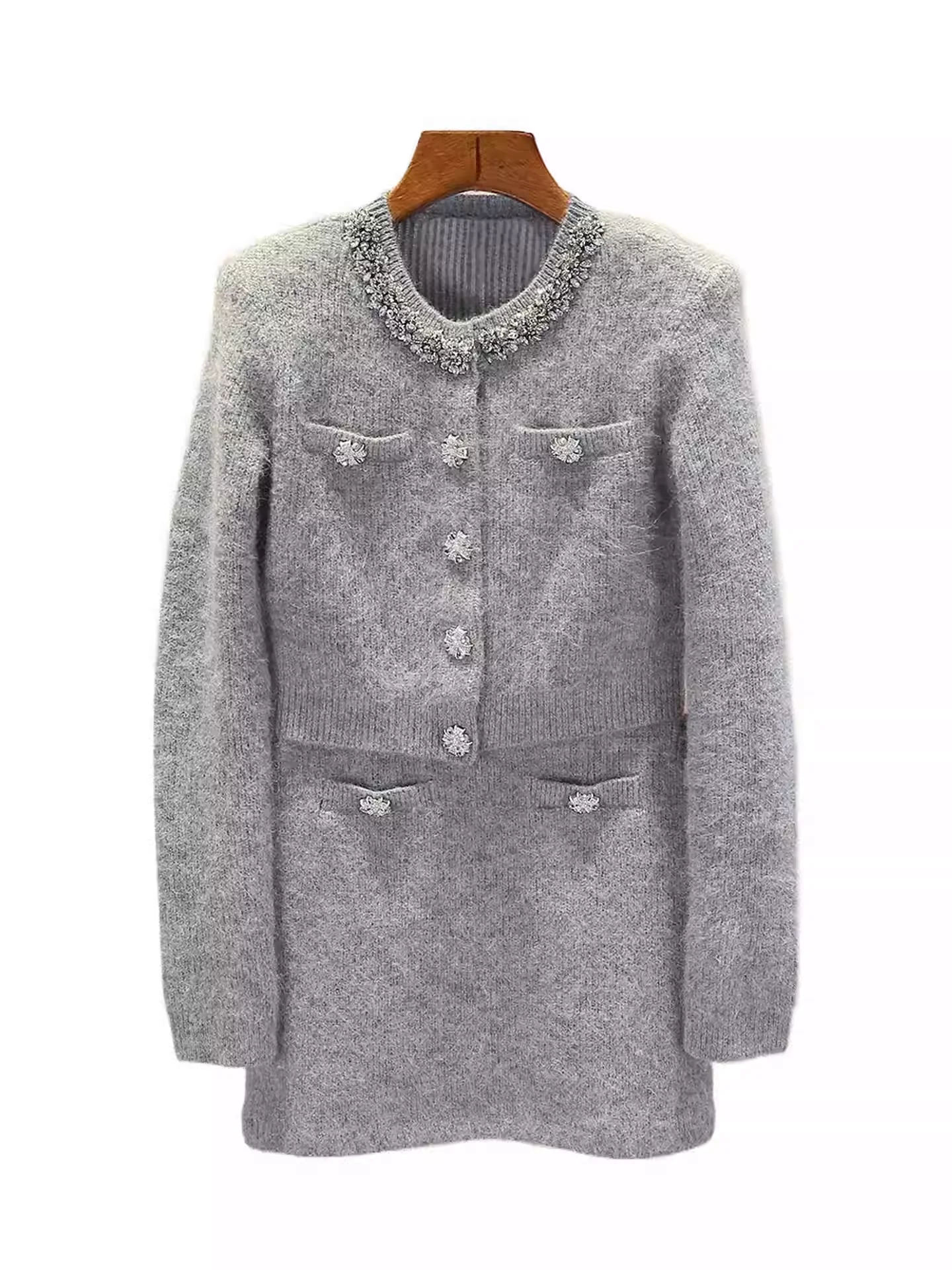 

【Gift Free】SP Elegant Diamond Collar Knit Cardigan & Slim Fit Mini Skirt Two-Piece Set for Women