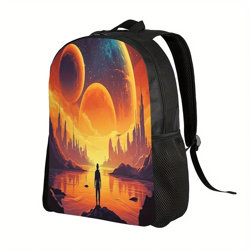 

2D flat print backpack, futuristic world, multifunctional backpack, sci-fi city dusk, durable leisure school bag