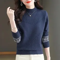 Temperament Fashion Autumn Sweaters New Women's Turtleneck Jacquard Weave Screw Thread Korean Long Sleeve Pullovers Knitted Tops