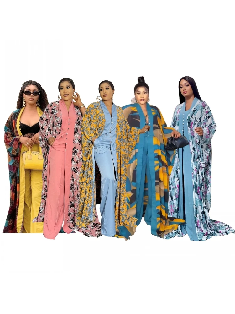 2 Piece Set Dashiki African Women Cardigan Long Trench Tops And Pant Suit Casual Clothes Boho Sexy Two Piece Outfits 2022