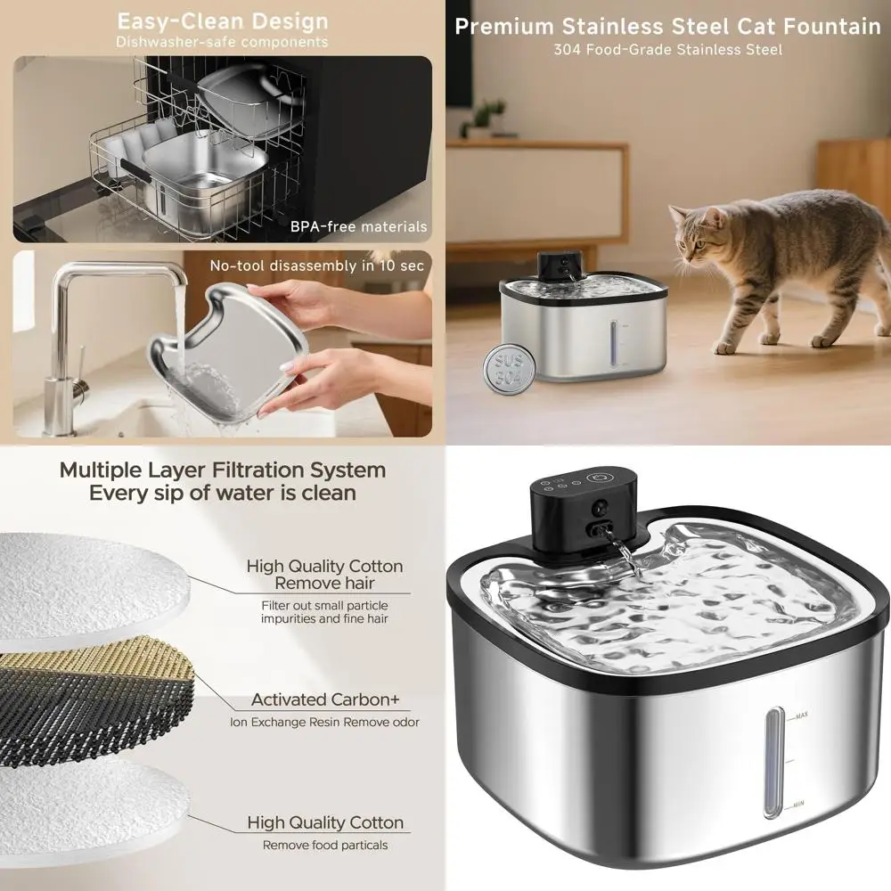 

Автоматический фонтанчик для воды для домашних животных из нержавеющей стали, 118 унций/3,5 л, с датчиком движения, ультратихим насосом, перезаряжаемый и с многоступенчатой фильтрацией