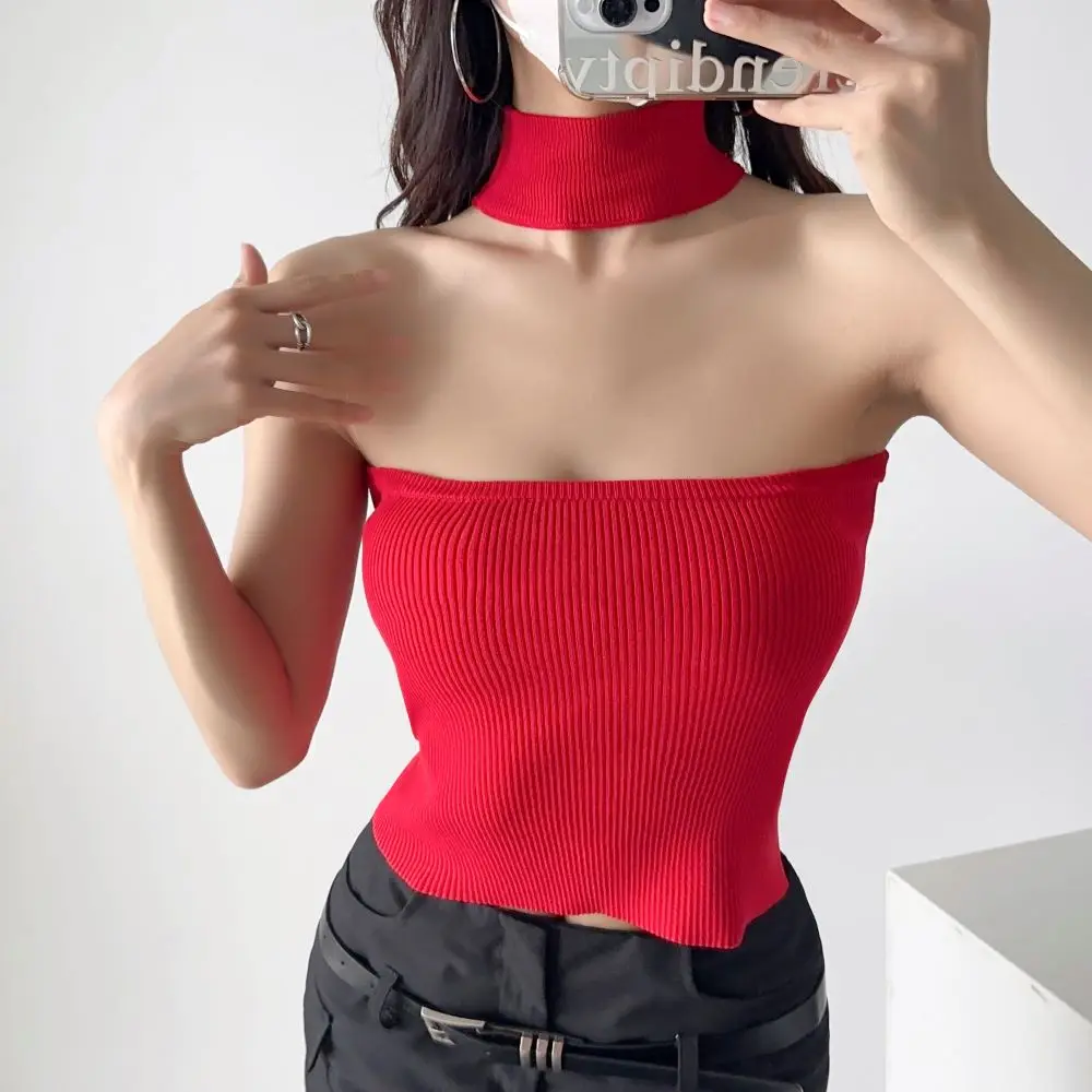 Summer Crop Tops for Women 2023 Sexy Hanging Neck Sleeveless High Strecth Knit Tank Top Double Wearing of Front and Back