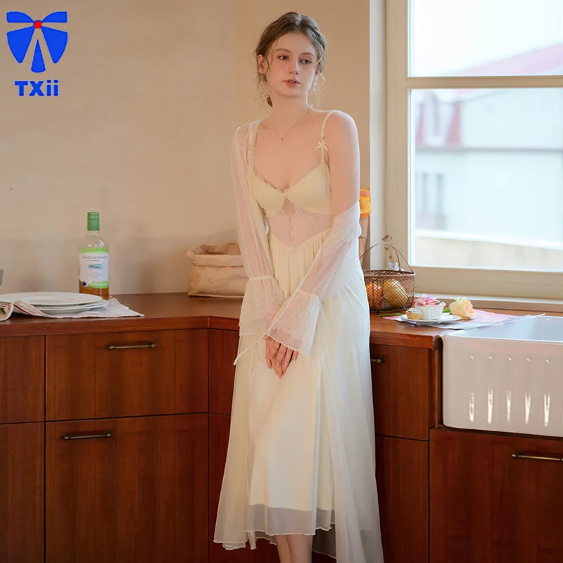 

French Pajamas Sexy Outer Wearing Spring and Autumn Home Clothes Pure Desire 2024 New Two-Piece Ice Silk Nightgown Women