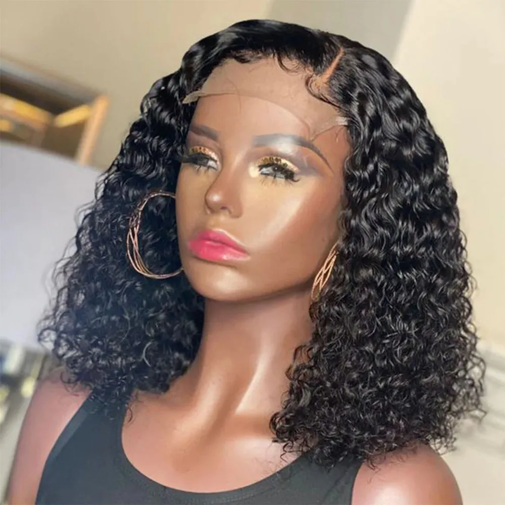 Deep Water Wave 200% Density Pre-Plucked Side Part Short Bob 4x4 Lace Frontal Brazilian Virgin Human Hair Wigs For Black Woman