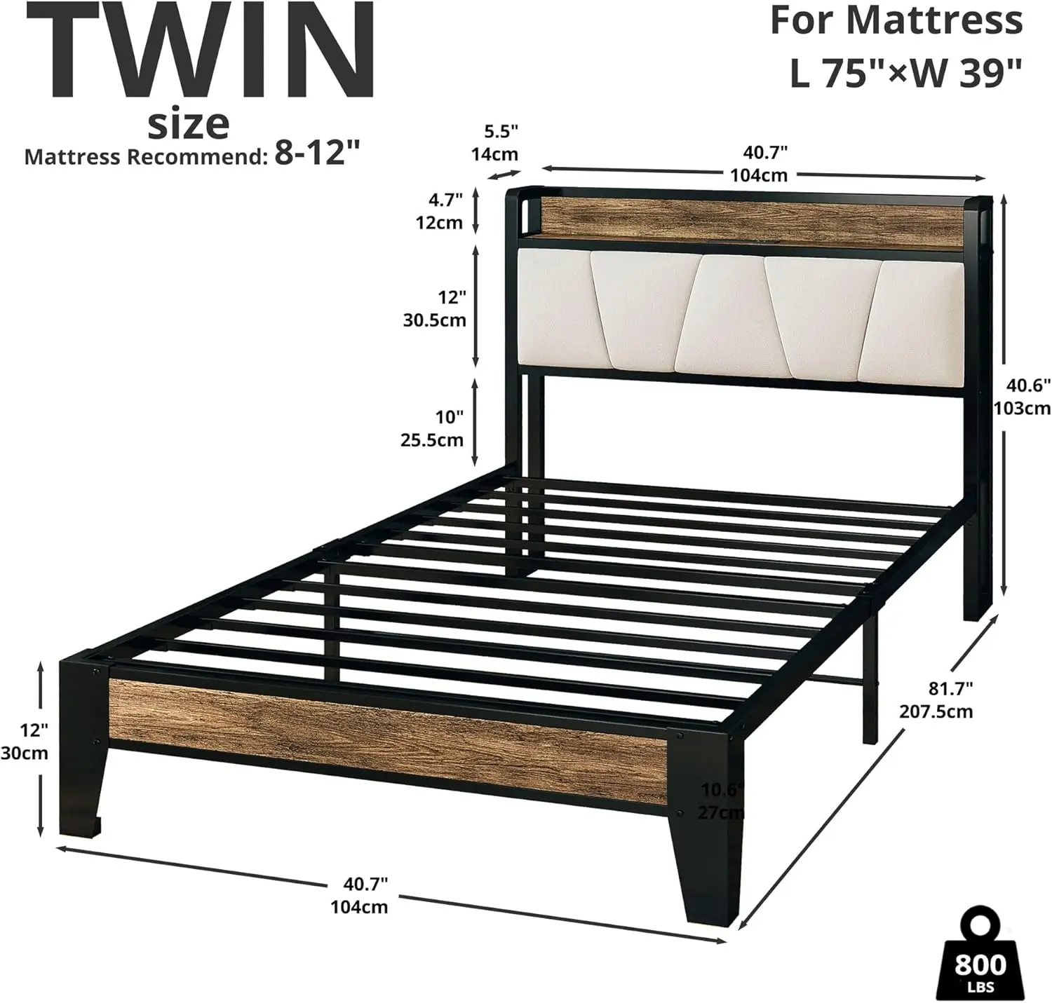 Twin Bed Frames, Storage Headboard with Charging Station, Solid and Stable, Noise Free, No Box Spring Needed(Walnut and Beige)