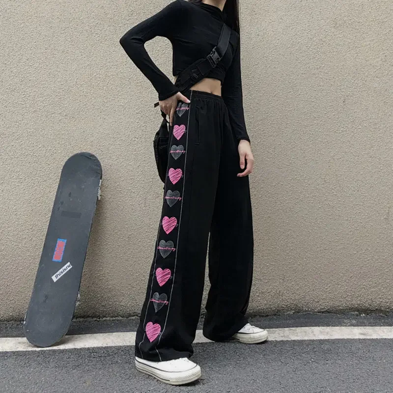 GIDYQ-pantalones de chándal con estampado de corazón para mujer, ropa de calle Y2k, Harajuku, informal, recto, coreano, suelto, cintura elástica, pierna ancha