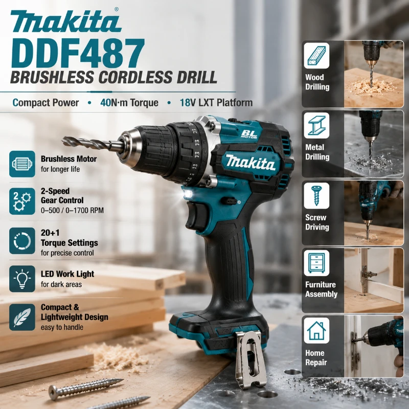 Original Makita 18V Akku-Bohrschrauber Bürstenlos mit Hohem Drehmoment DDF487 + Akkupack BL1860B BL1840 DIY Profi-Werkzeug EU Schnellversand