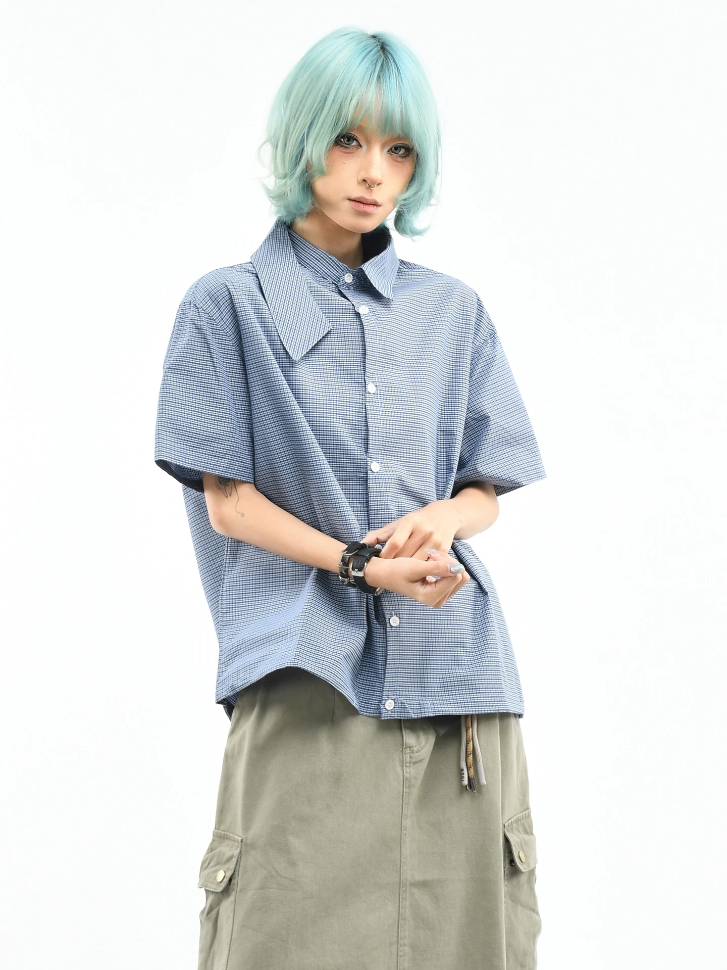 

OV Original American Plaid Asymmetrical Collar Splice Short Sleeve Loose Casual Shirt for Men And Women Summer Leisure Short ...