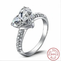Luxury 100% Real 925 Sterling Silver Rings for Women Romantic Heart 2 Carat Simulated Diamond Engagement Wedding Ring Jewelry