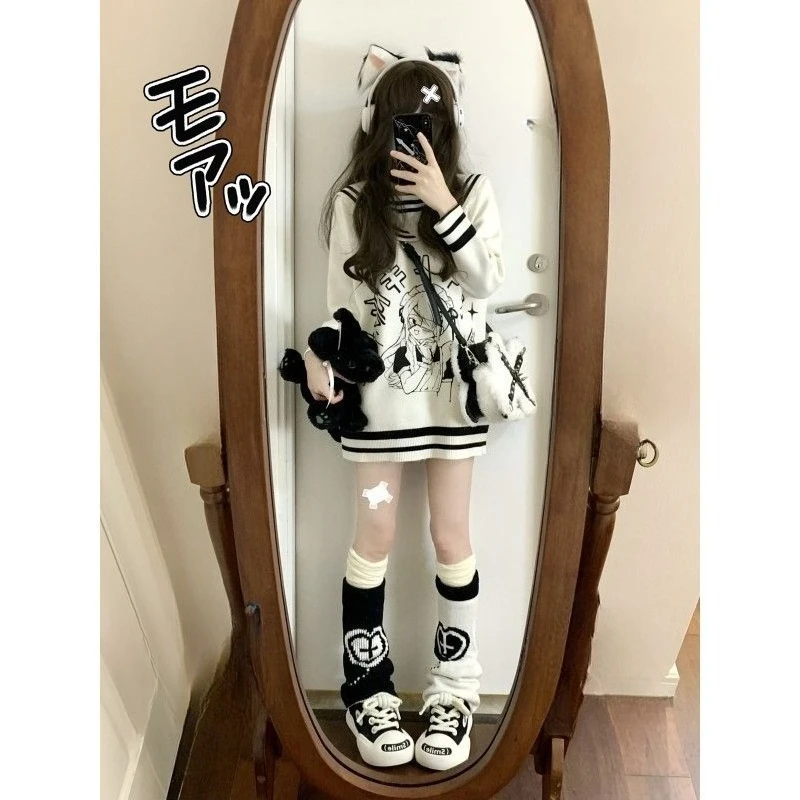 

Sailor Collar Preppy Style Loose Long Sleeves Knitted Pullover Autumn Winter Sweet Girl Outerwear Sweater Jumper Sueter Mujer