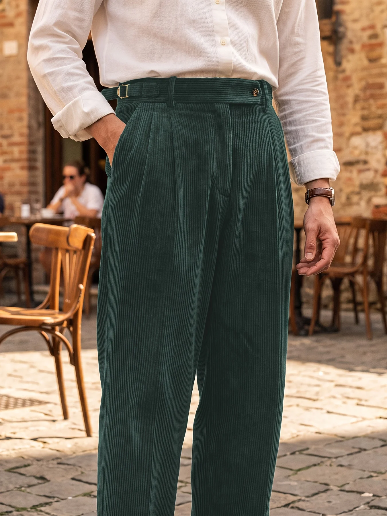 Classic Dark Green Corduroy Wide Leg Trousers with High Waist and Pleated Front Men Autumn Business Pants Customized M266570