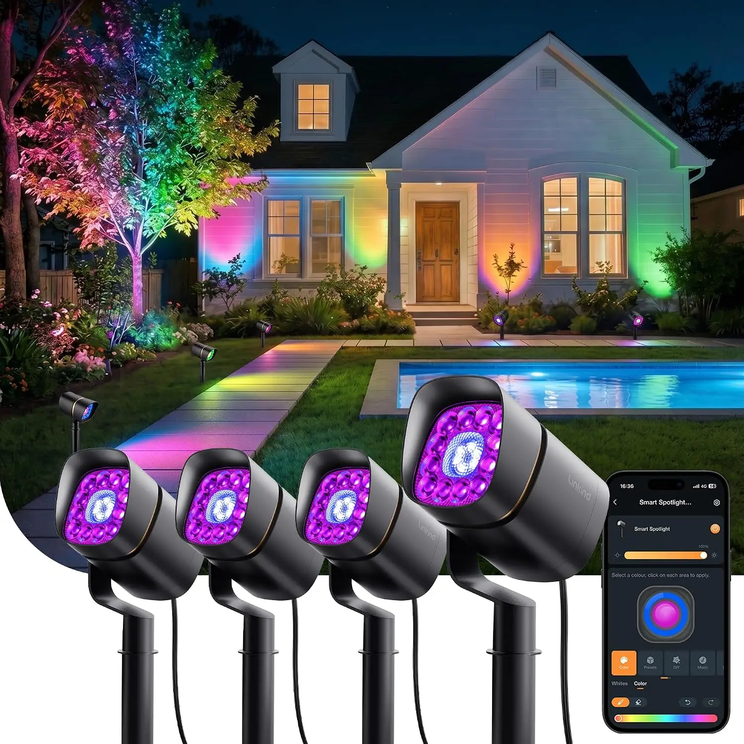 Low Voltage Landscape Spotlights 12 24V Dual Ring RGBW 4 Pack Transformer Wire Bluetooth Metal 8W 800LM IP65 Waterproof Yard Gar